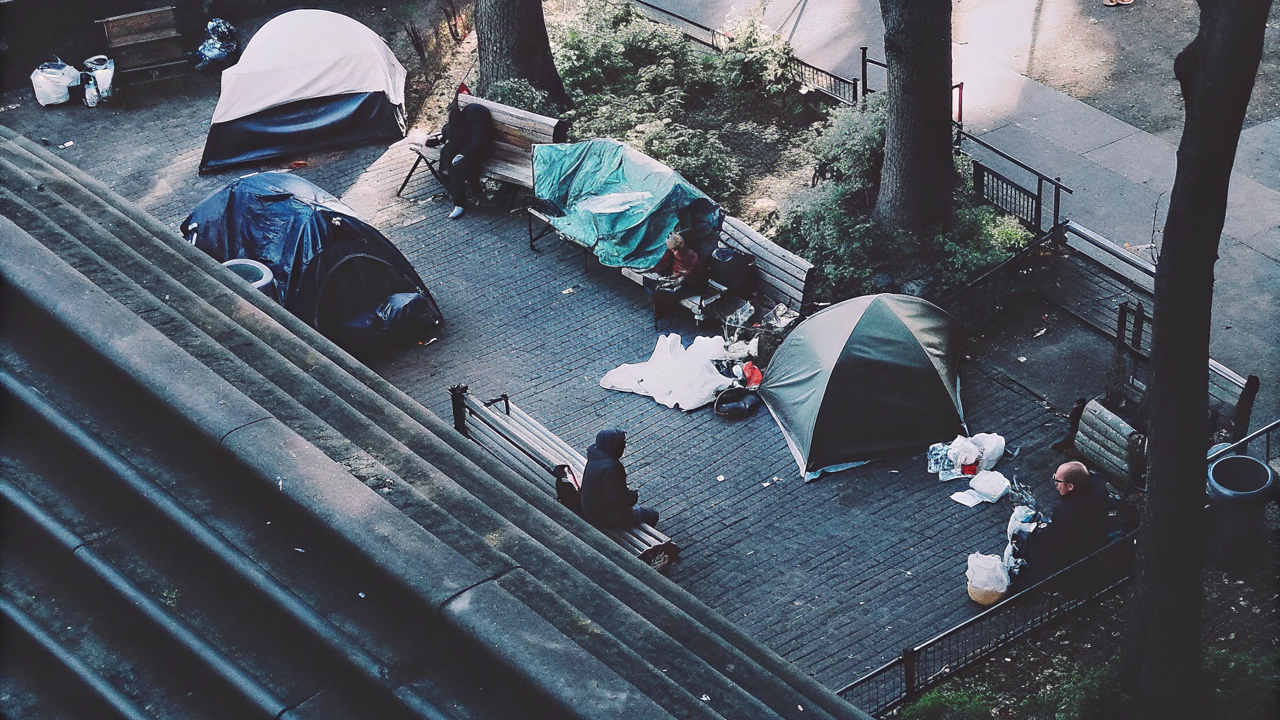 Encampment tents in city park