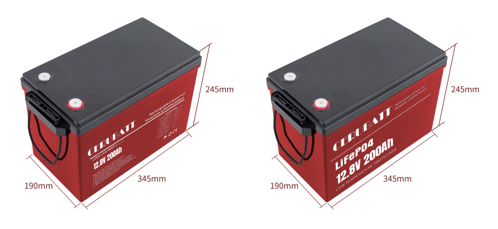 CERUBATT 12.8V 200Ah and LiFePO4 Battery Product Dimensions