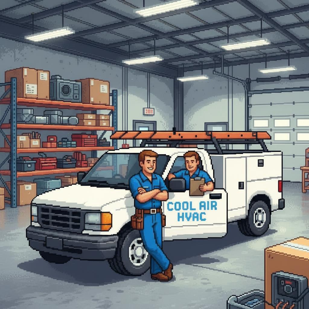 HVAC technicians working in warehouse background