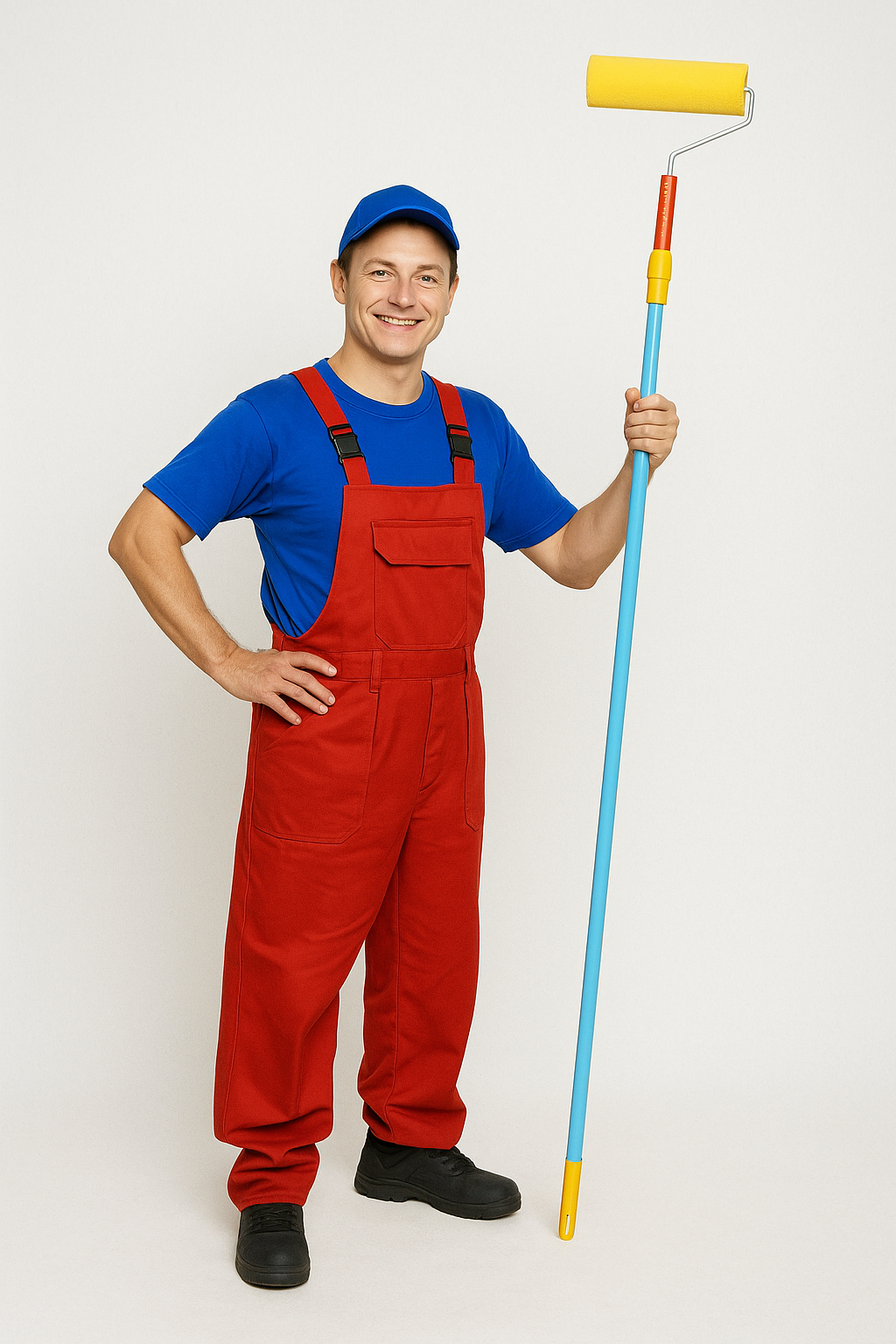 Profesjonalny malarz AD GALAXY w niebieskiej koszuli i czerwonych spodniach roboczych z wałkiem malarskim - specjalista do malowania dachów i elewacji