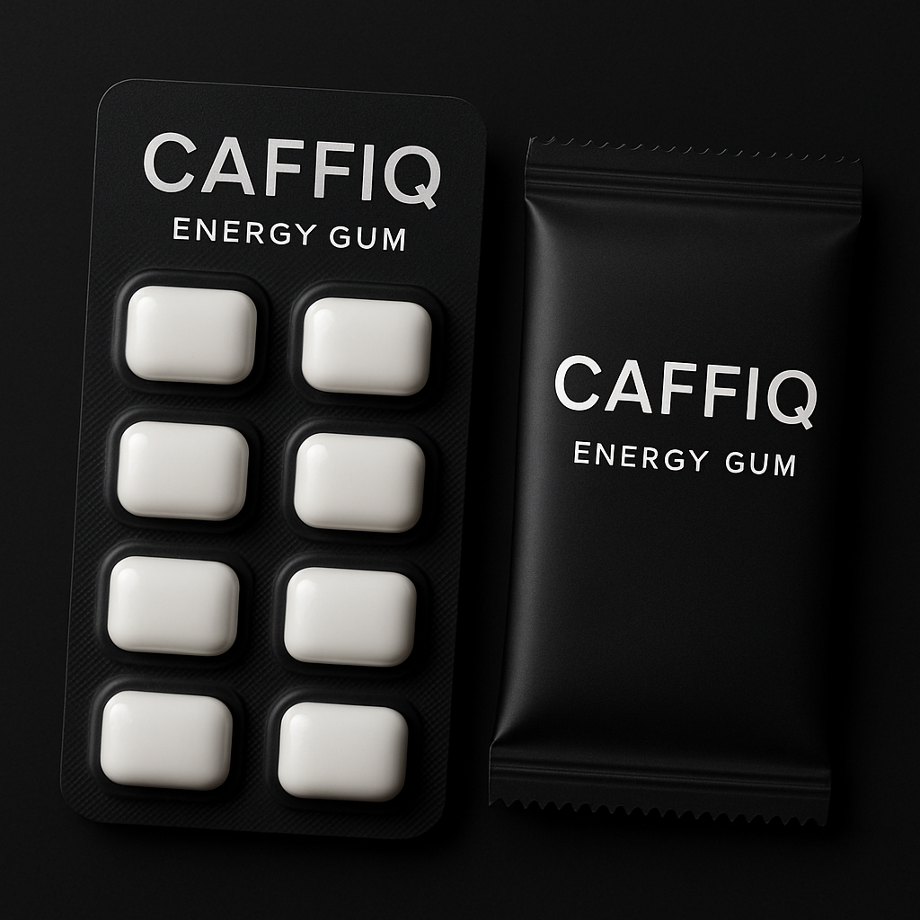Caffiq Energy Gum - Blister pack and sleek black pouch packaging
