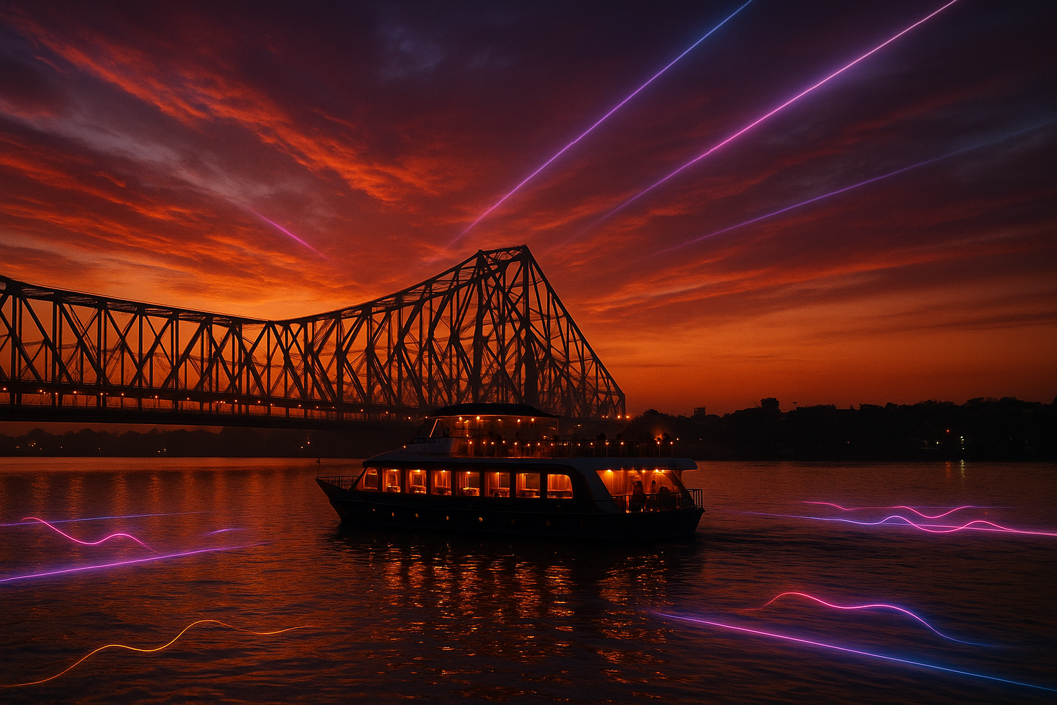 Sunset over the river with silhouettes and paddle wheels