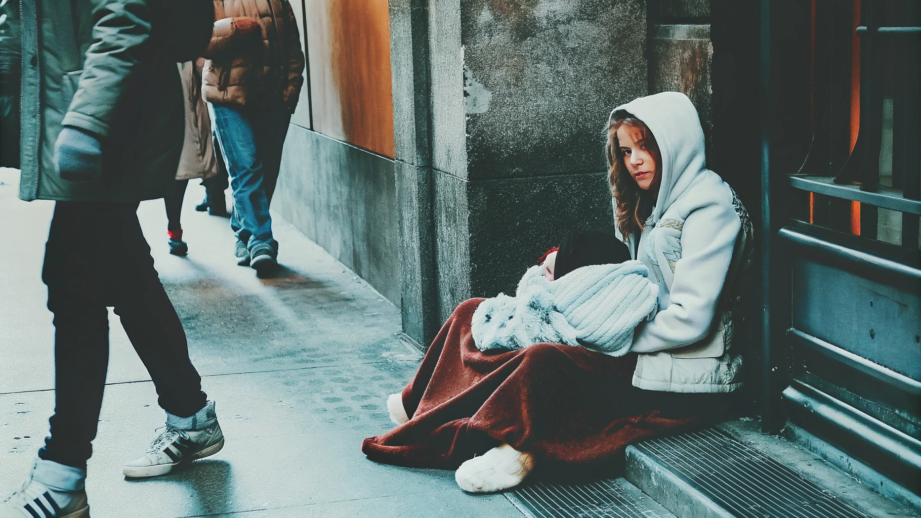 Woman seated with blanket on city street