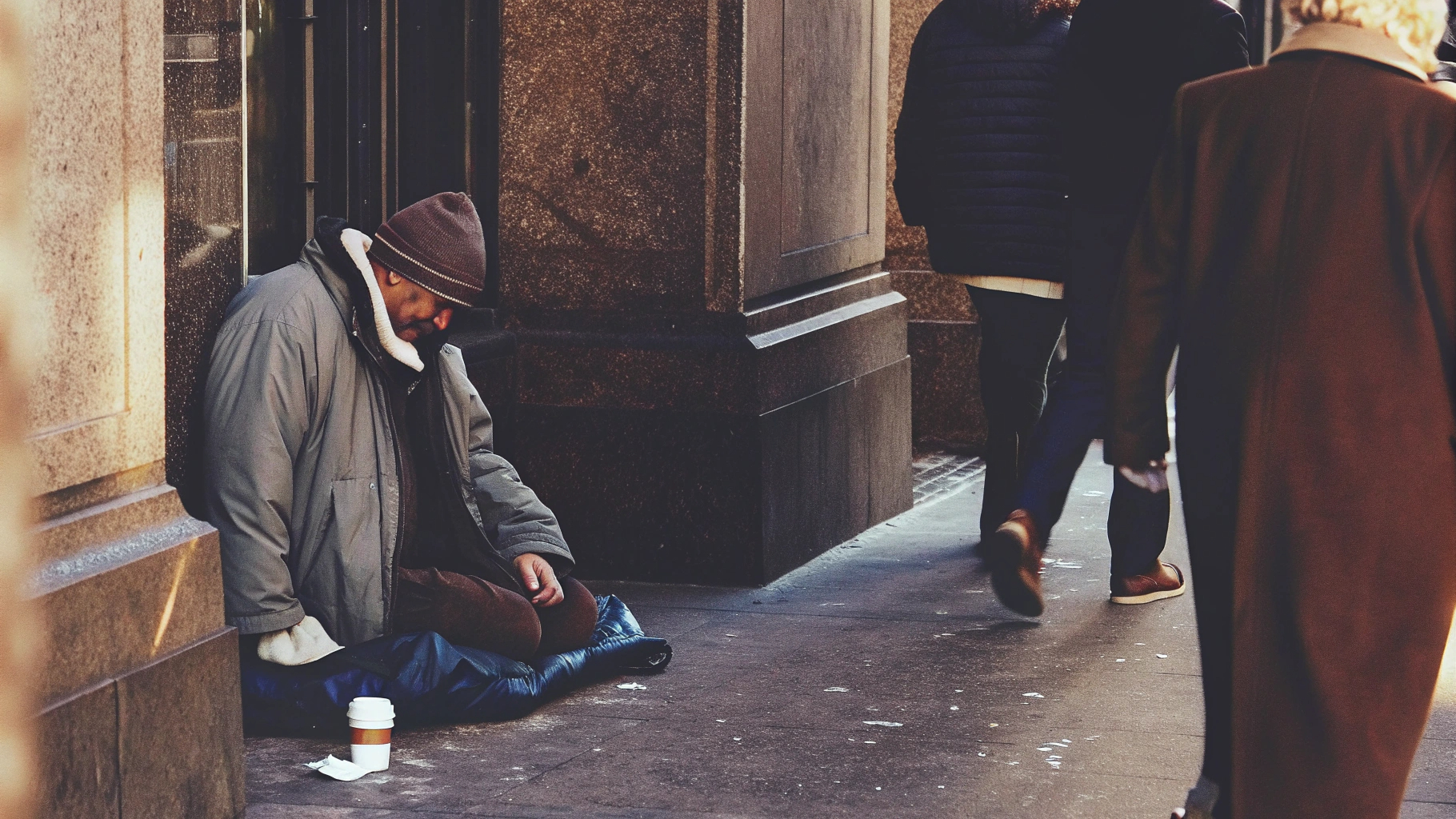 Person seated on sidewalk with coffee cup nearby