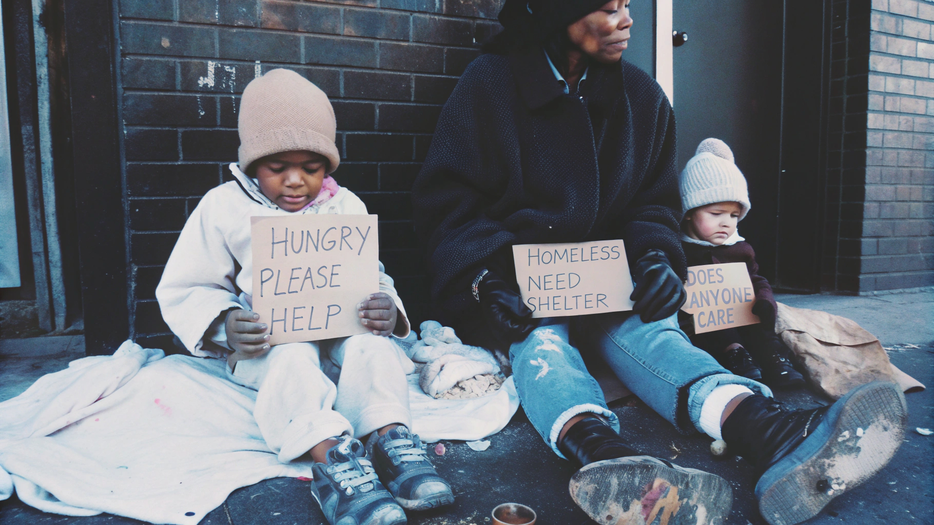 Family holding signs on sidewalk