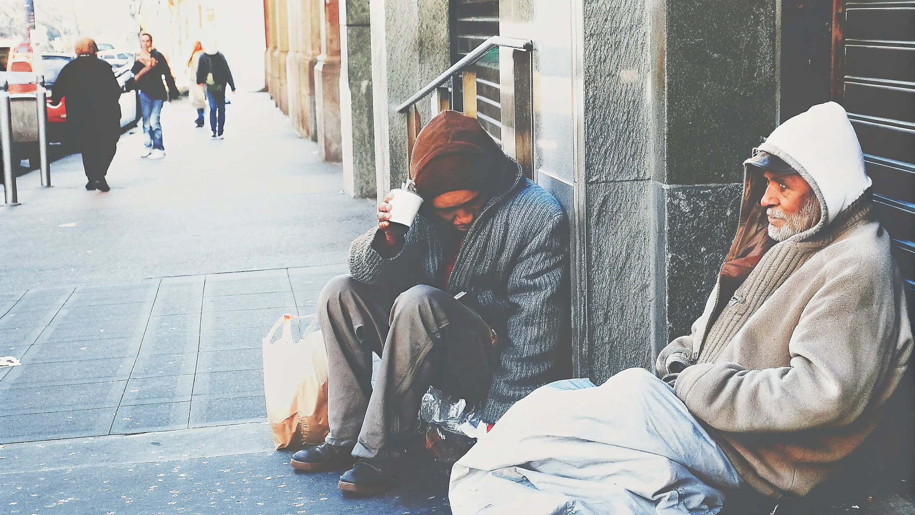 Two men on sidewalk, one holding cup