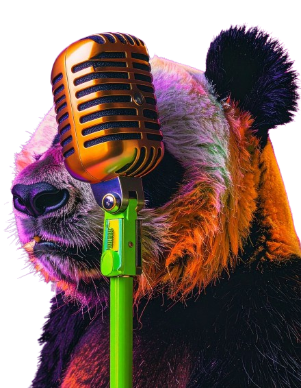 Purple Pandaa character with microphone