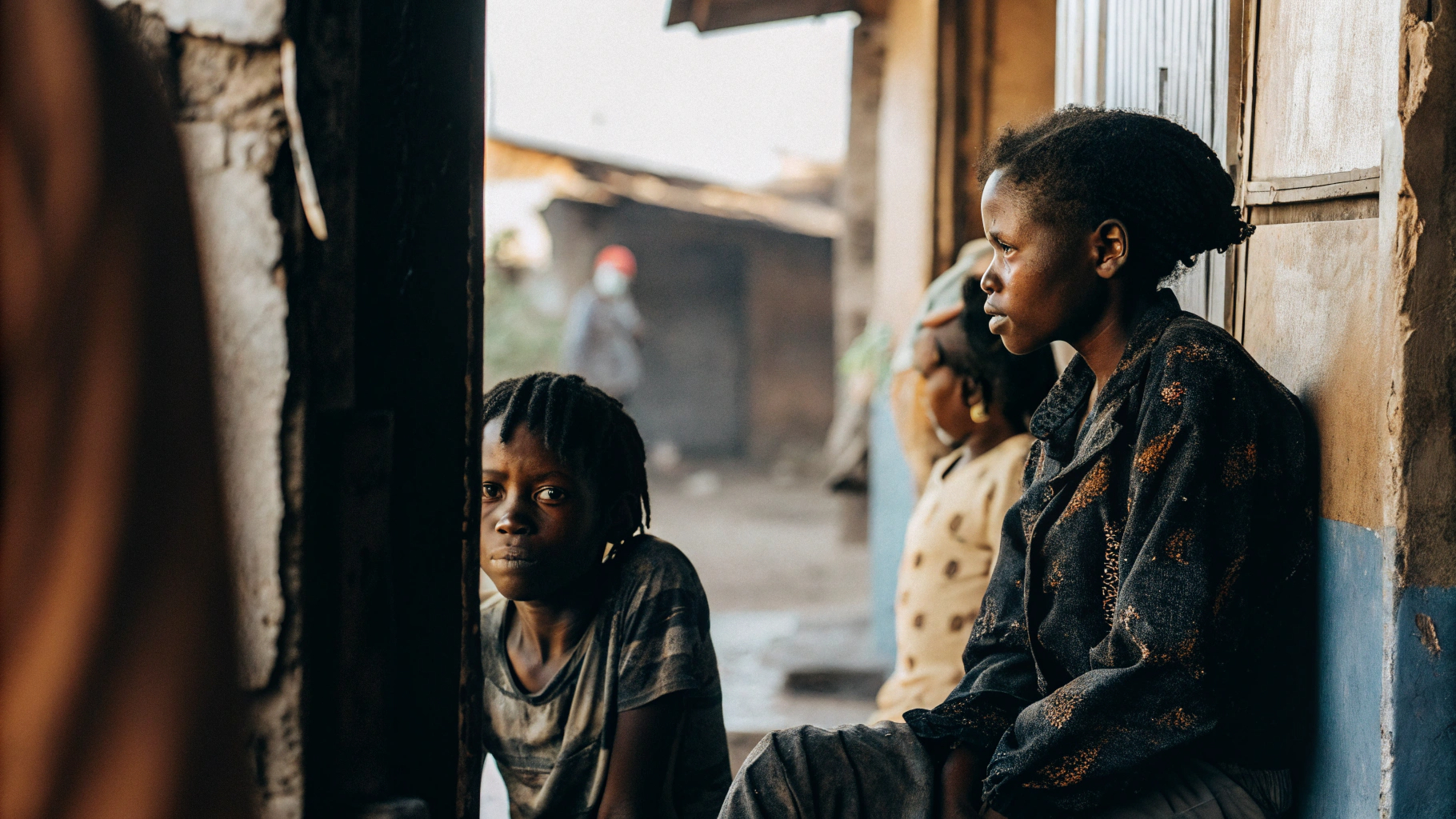 Women and child looking out from doorway