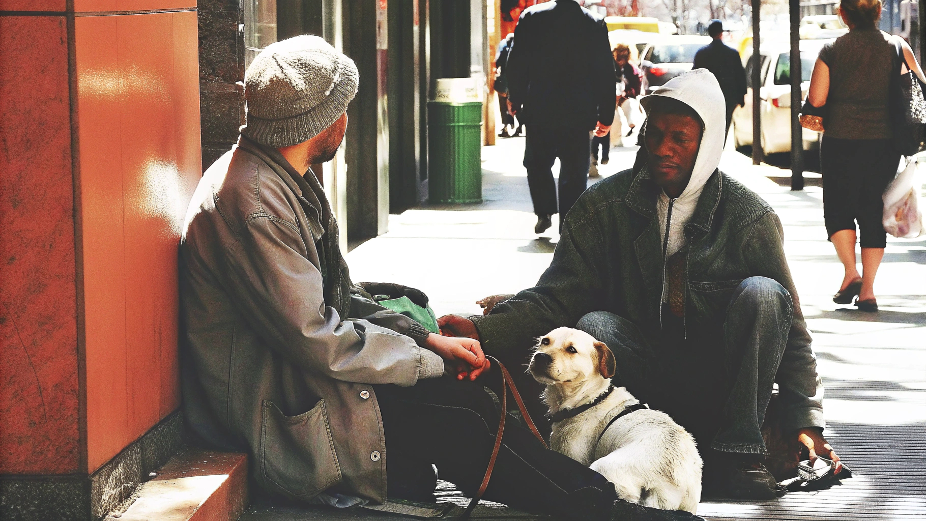 Two people with dog on city sidewalk