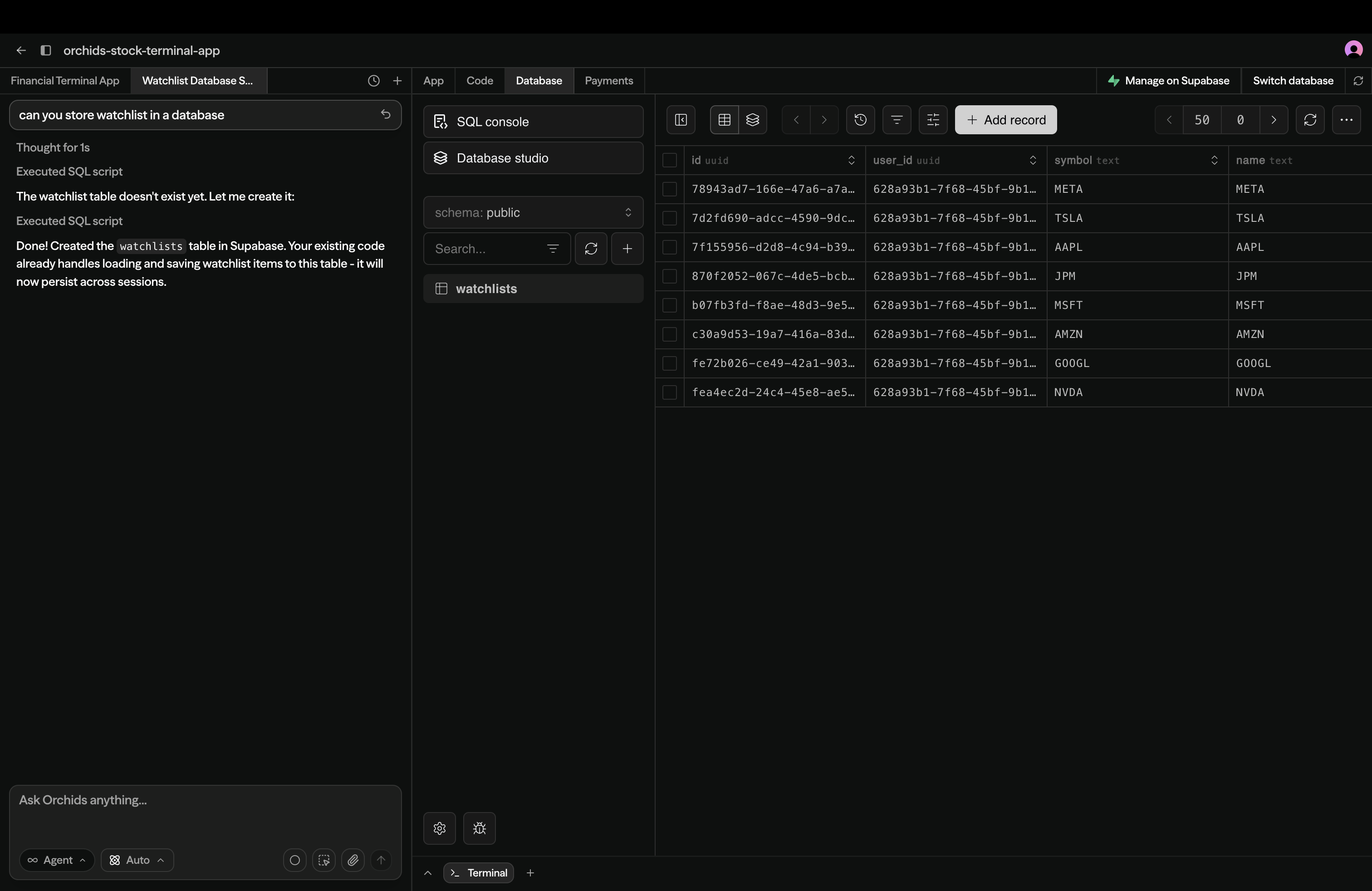 Animation showing user setting up a database on Orchids