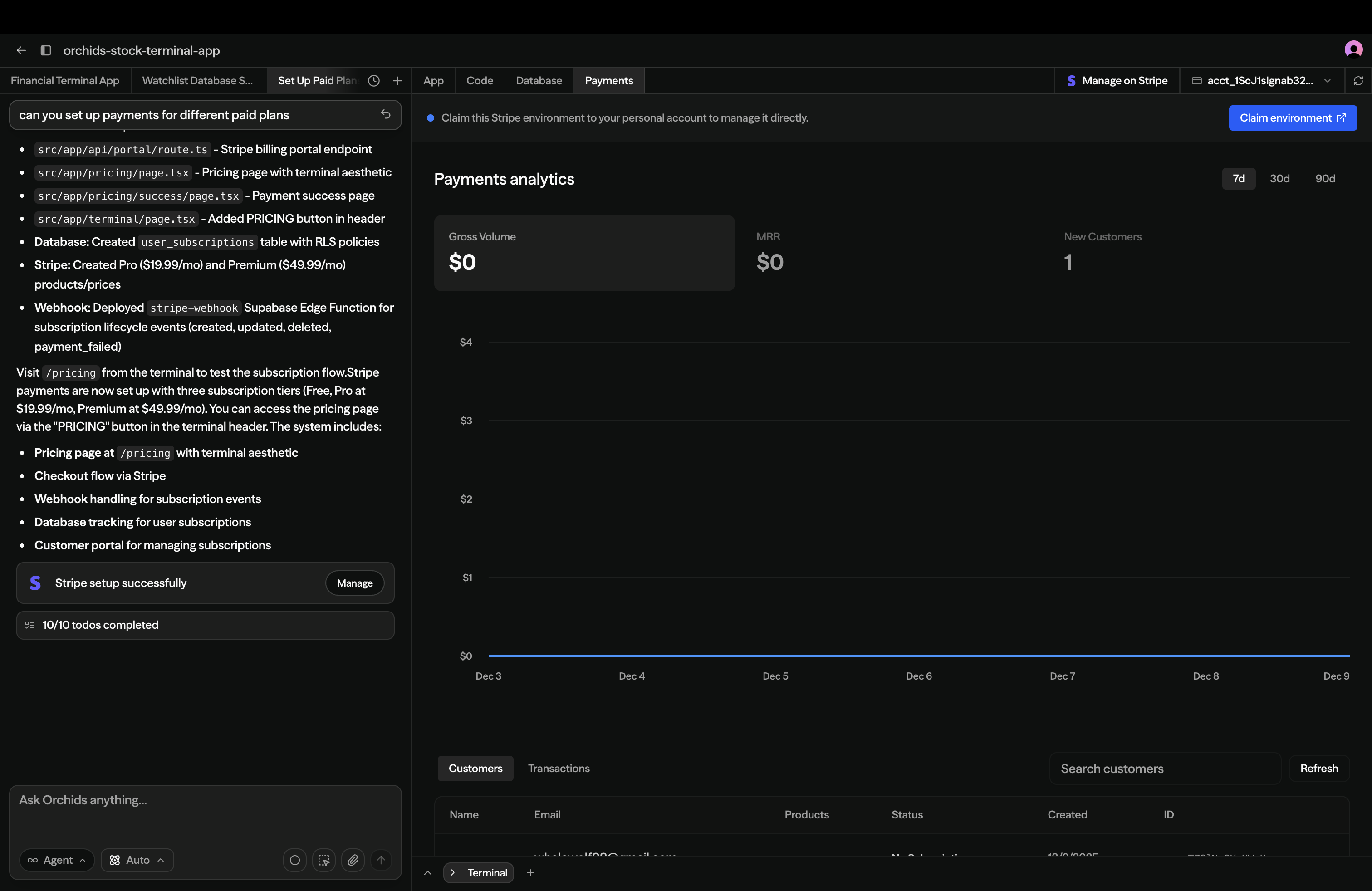 Animation showing user setting up a database on Orchids