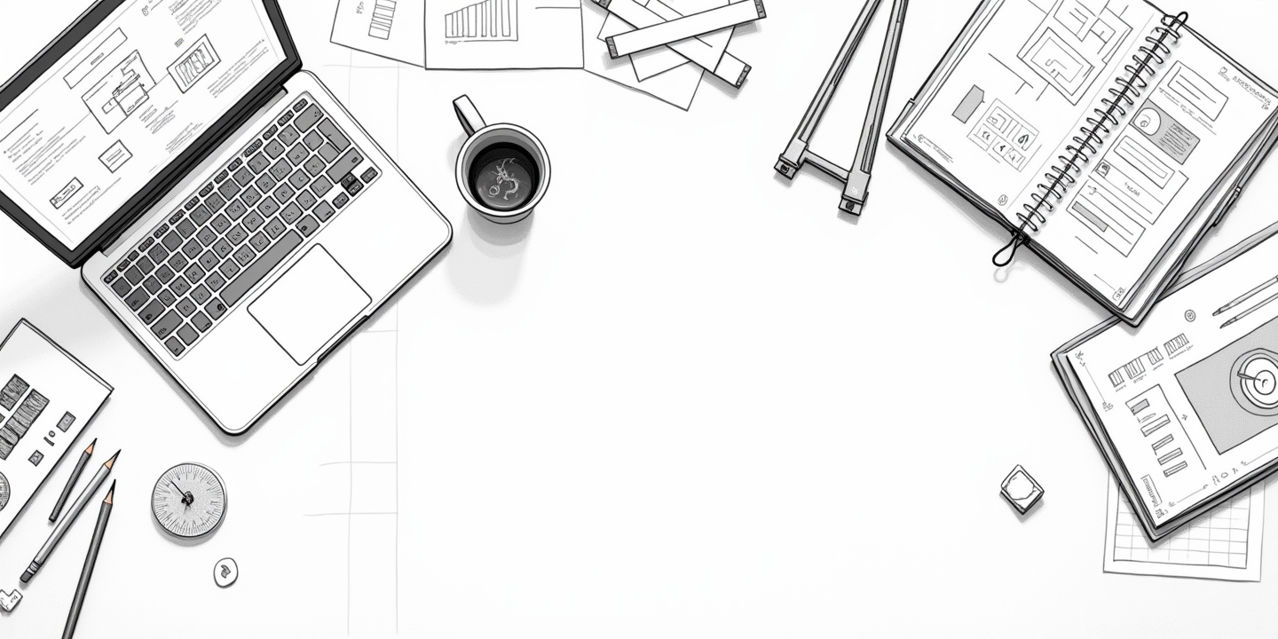 Futuristic creative workspace with architectural sketches, design tools, and modern technology in minimalist line art style