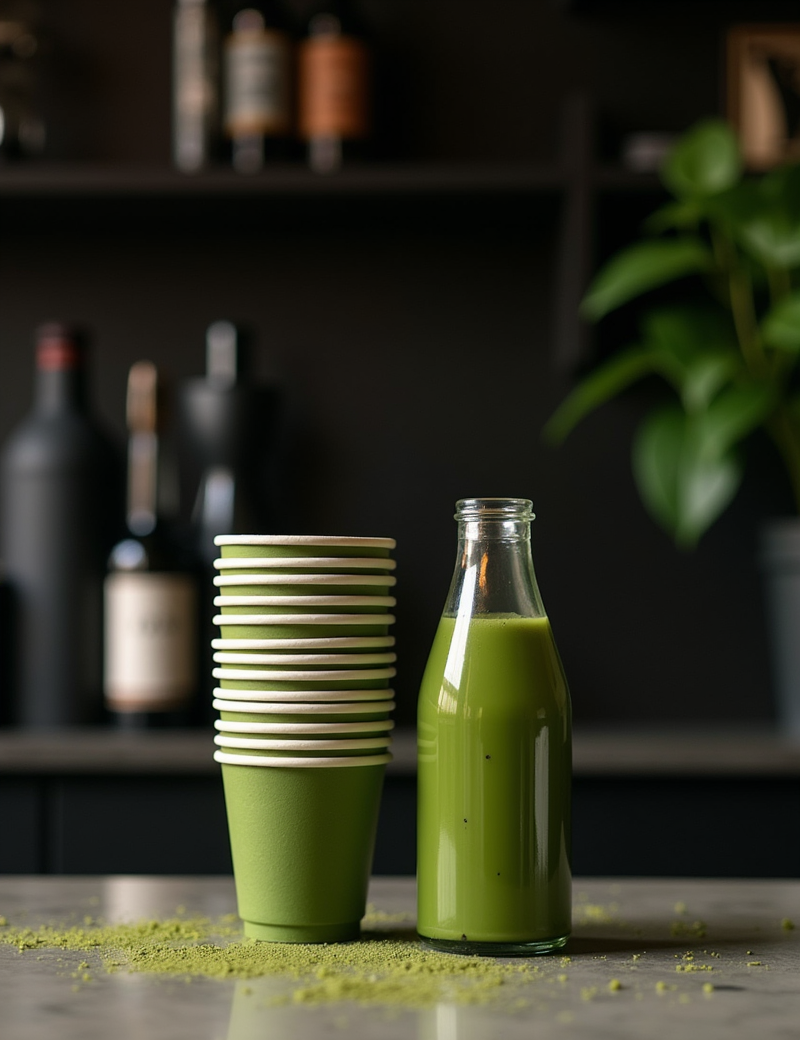 Stack of eco-friendly moss-green paper cups beside bottled matcha concentrate, dark bar backdrop