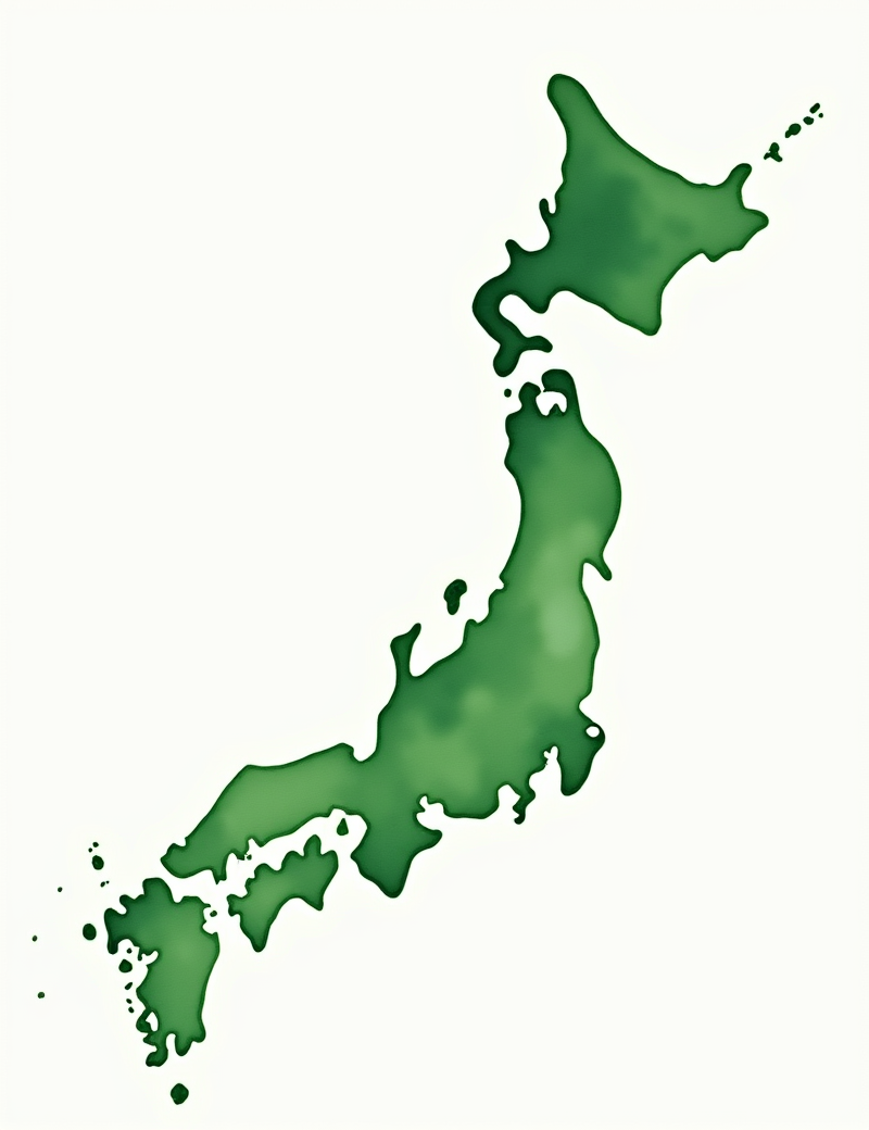 Watercolor illustration of Japanese map with green matcha splash over Kyoto region, white background