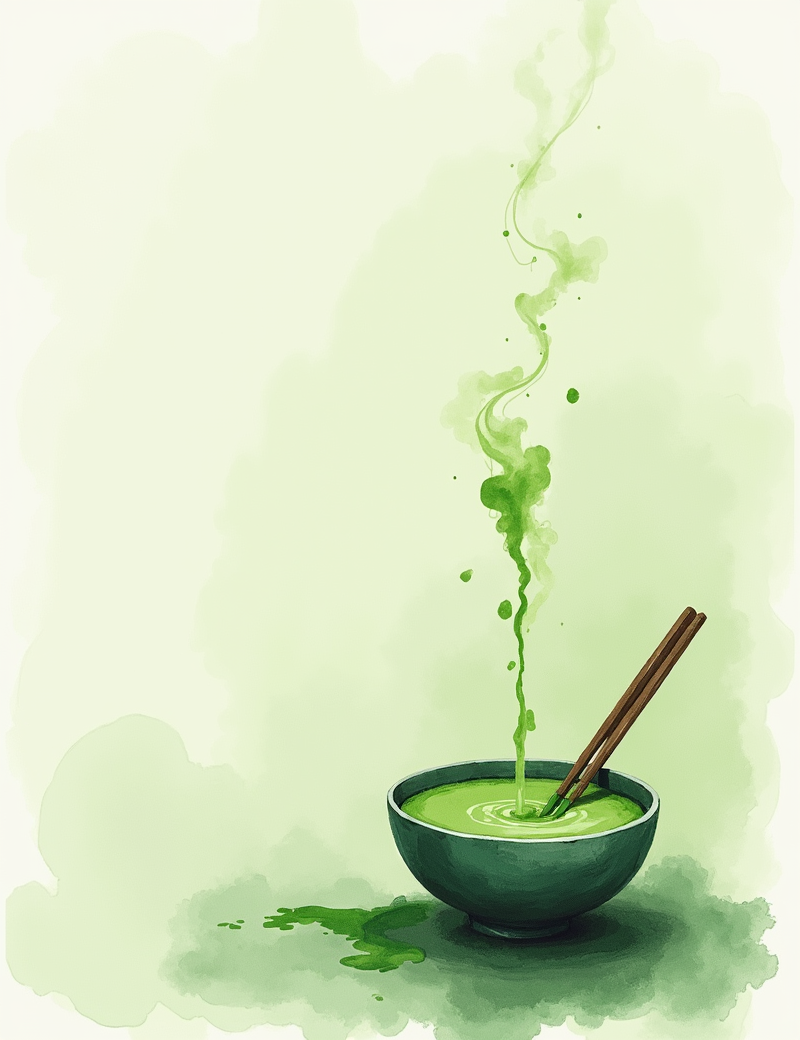 Watercolor style artist painting matcha whisking scene, minimal background