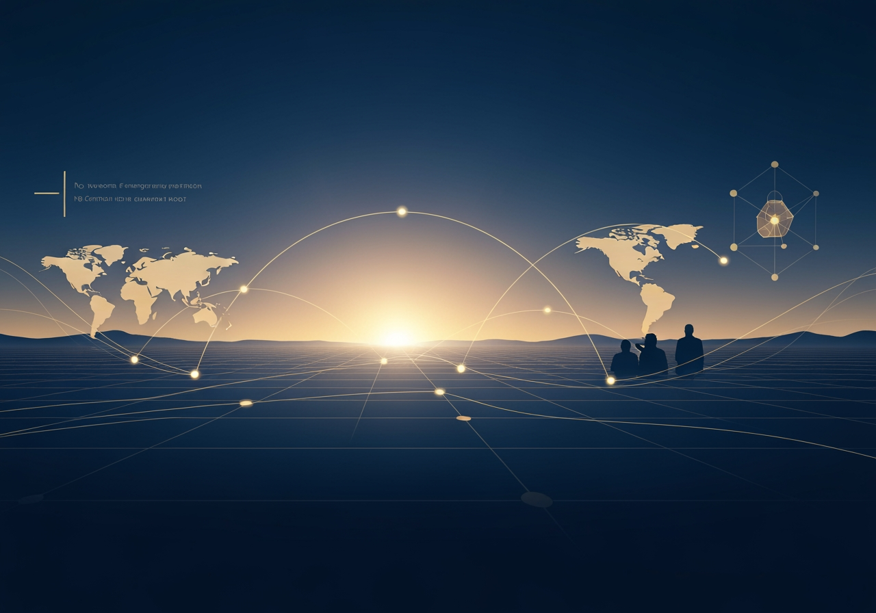 Modern futuristic illustration representing innovation, leadership, and global impact with sunrise and network connections