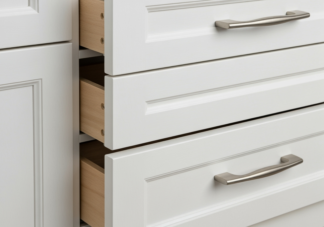 Close-up of white Shaker cabinet door with soft-close hinge