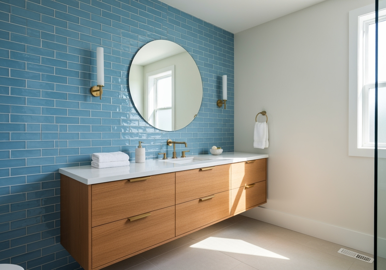 Spa-inspired bathroom with blue subway tile and floating wood vanity by Kaplan Remodeling in Maitland FL