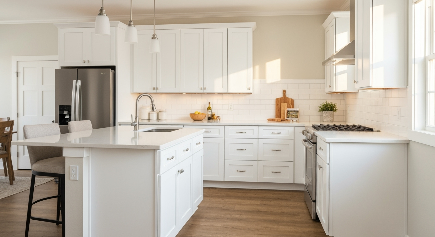 Bright kitchen with white Shaker cabinets and wood accents