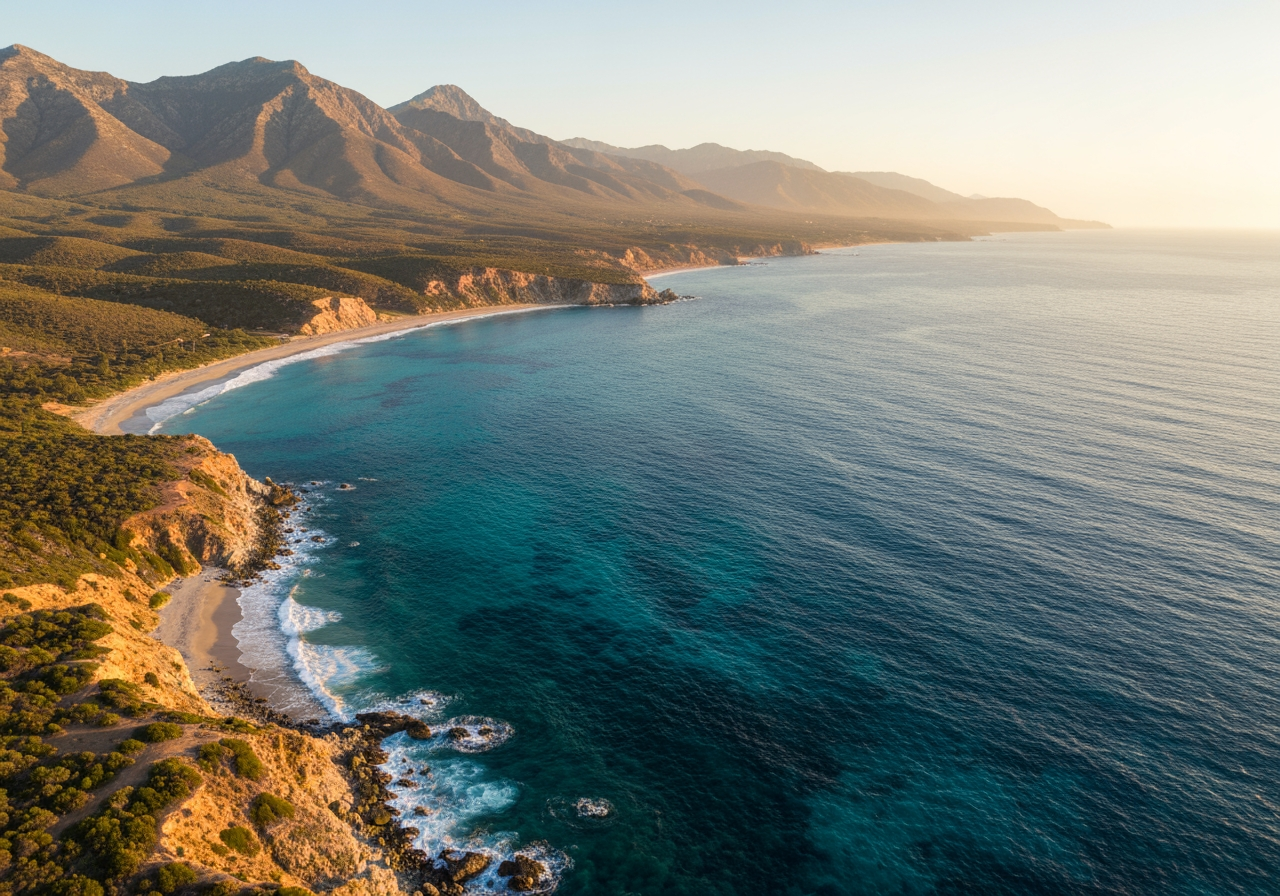 Aerial view of ocean with mountains in morning light