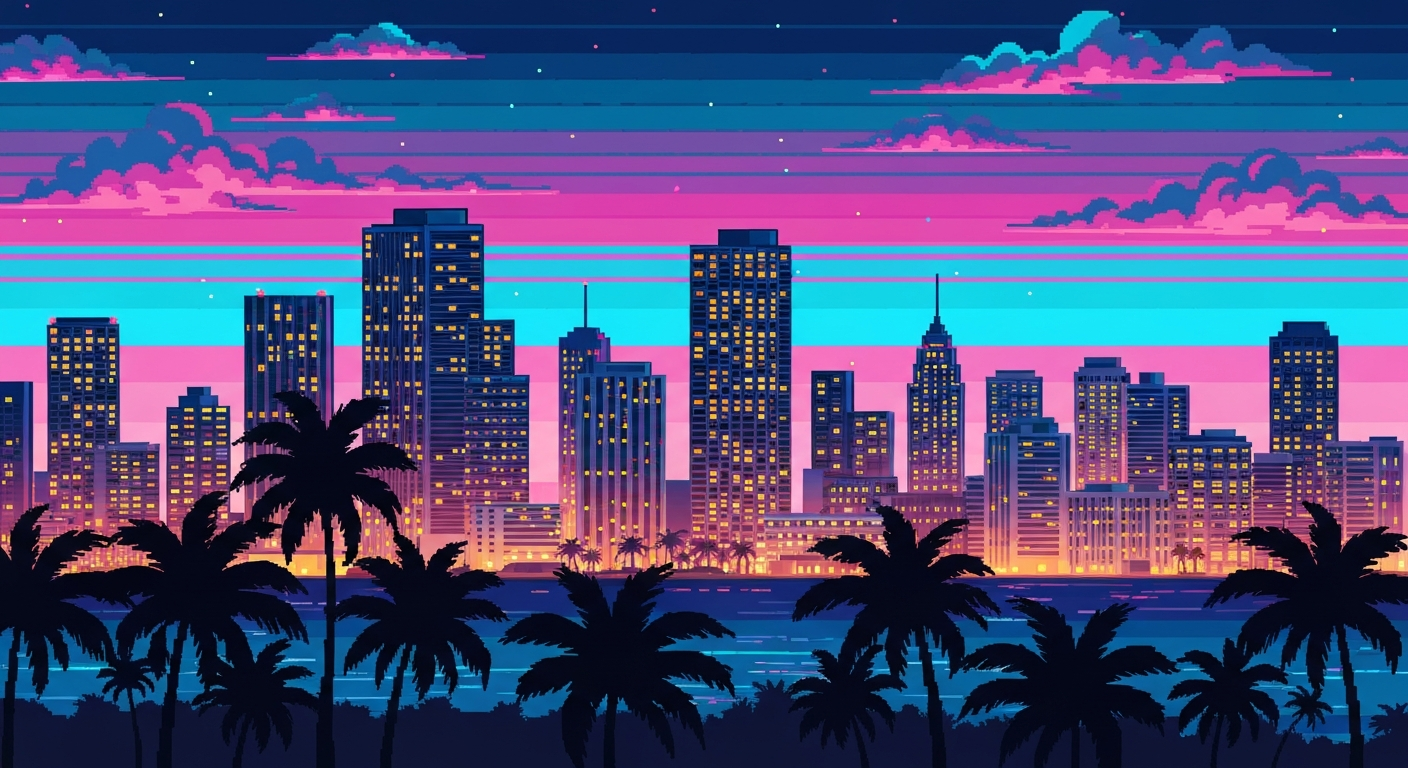 Pixelated Miami skyline at sunset with palm trees