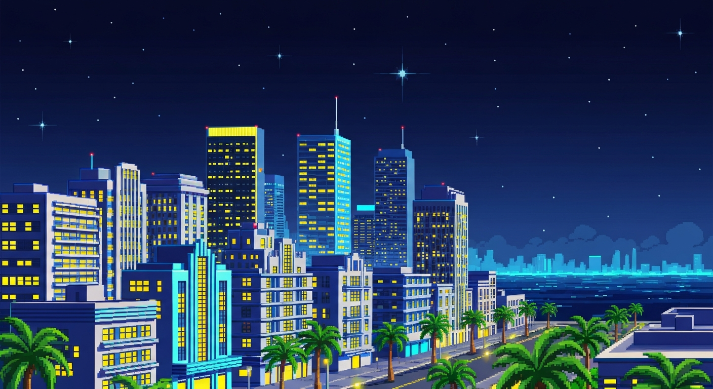 Pixelated nighttime cityscape of Miami