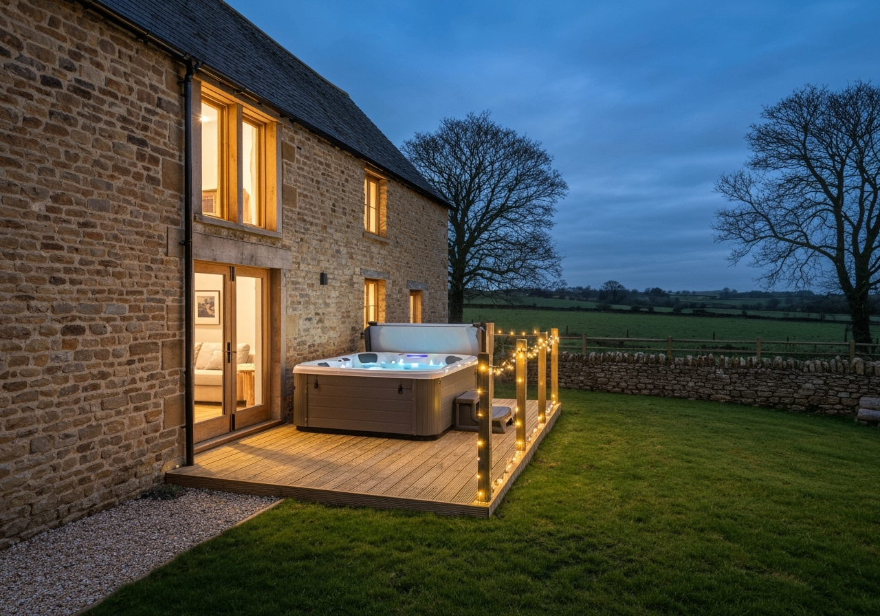 Converted barn with hot tub