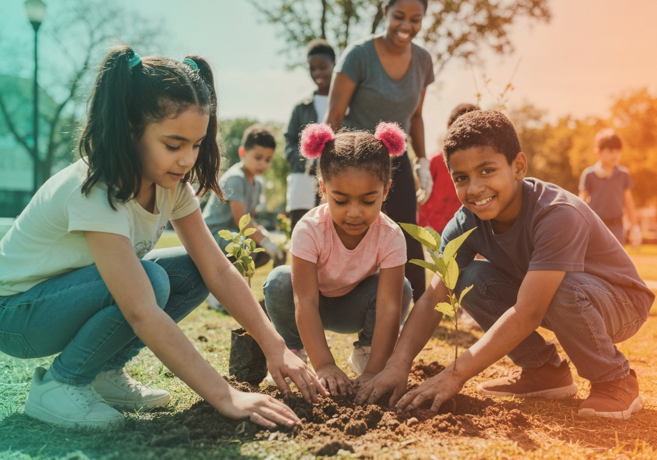 Children and families participating in a community cleanup service project