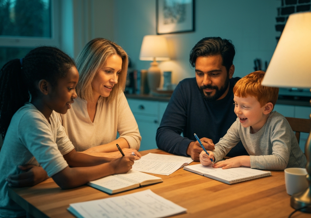 Family budget night at kitchen table with warm lamp and notebooks