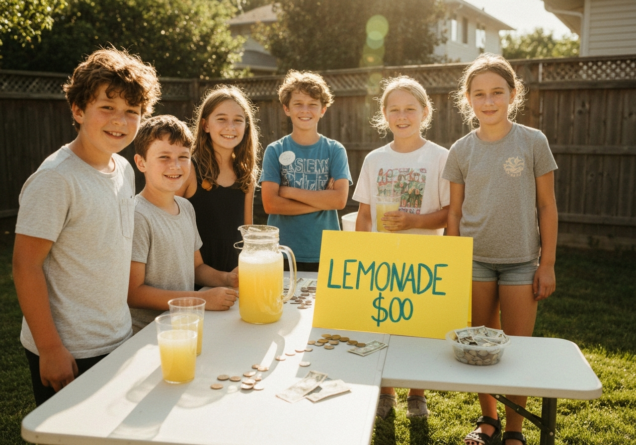 Young entrepreneurs running a neighborhood lemonade stand