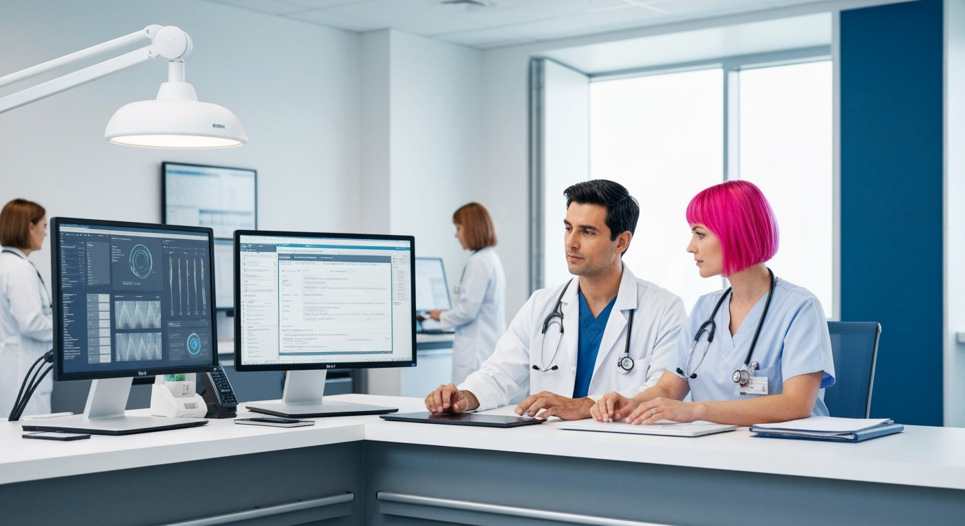 Diverse healthcare team using integrated digital platforms