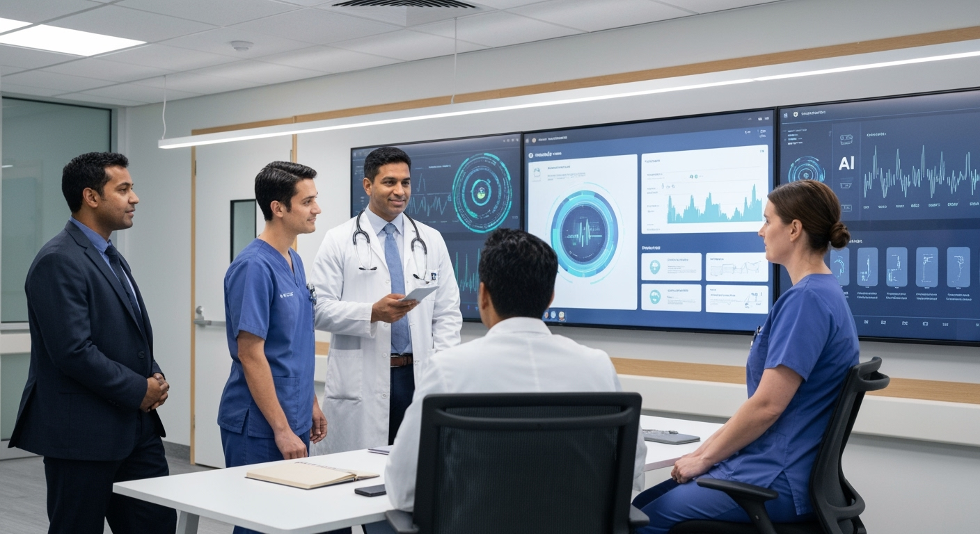 Diverse medical team of doctors collaborating with digital health technology