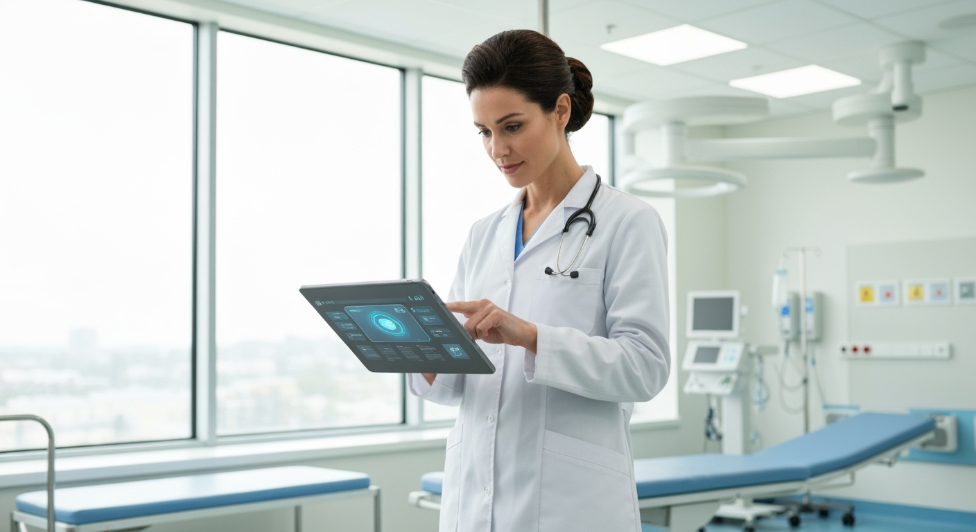 Professional female doctor in white coat using tablet to access AI-powered medical records