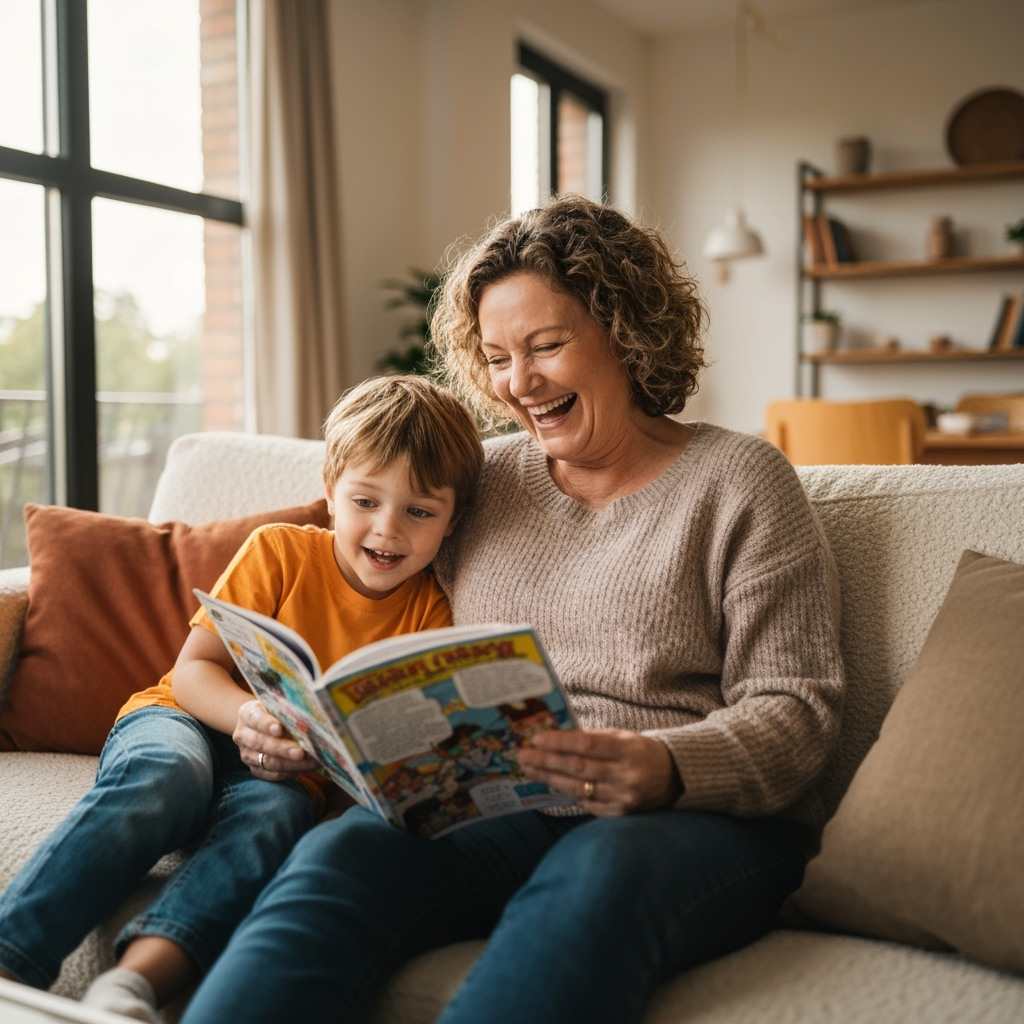 Parent reading comic with daughter