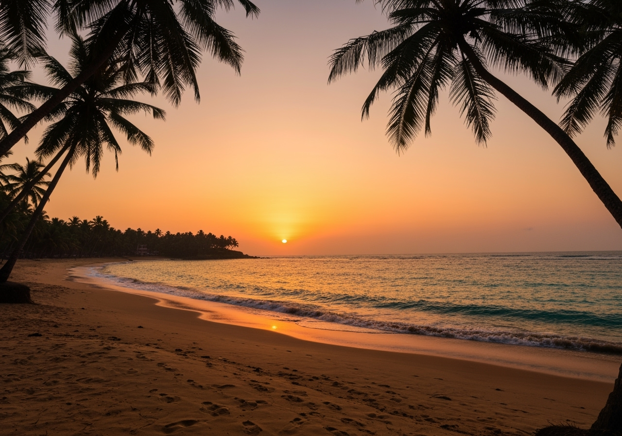 Beach sunset silhouettes in Goa, golden hour