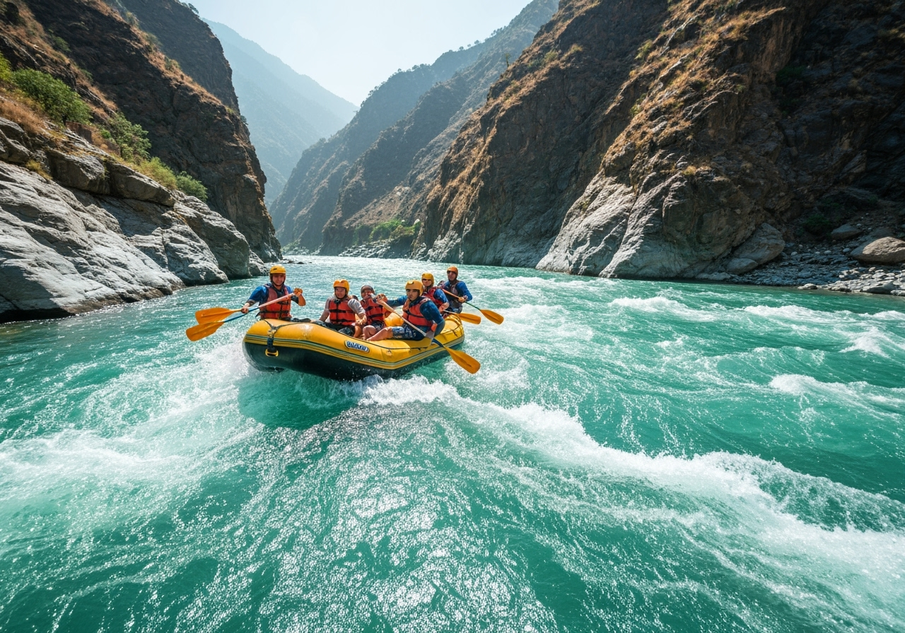 White water rafting action in Rishikesh with excited faces