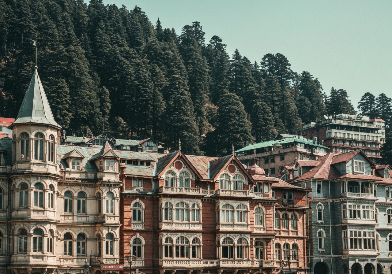 Group shopping on Shimla Mall Road, colonial architecture
