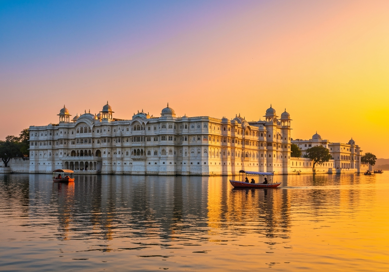 Couple in traditional boat ride, Udaipur palace background