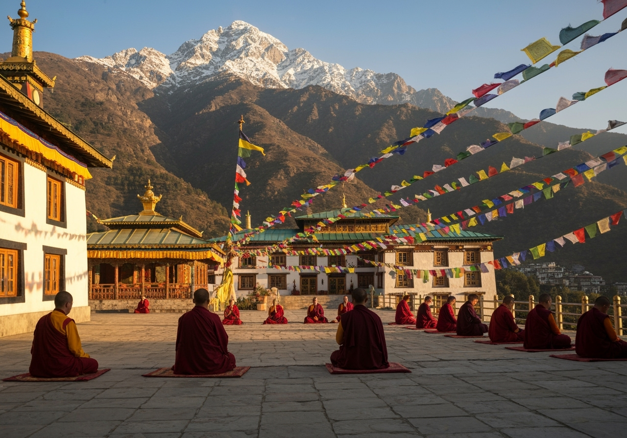 Peaceful meditation in Mcleodganj with Tibetan flags