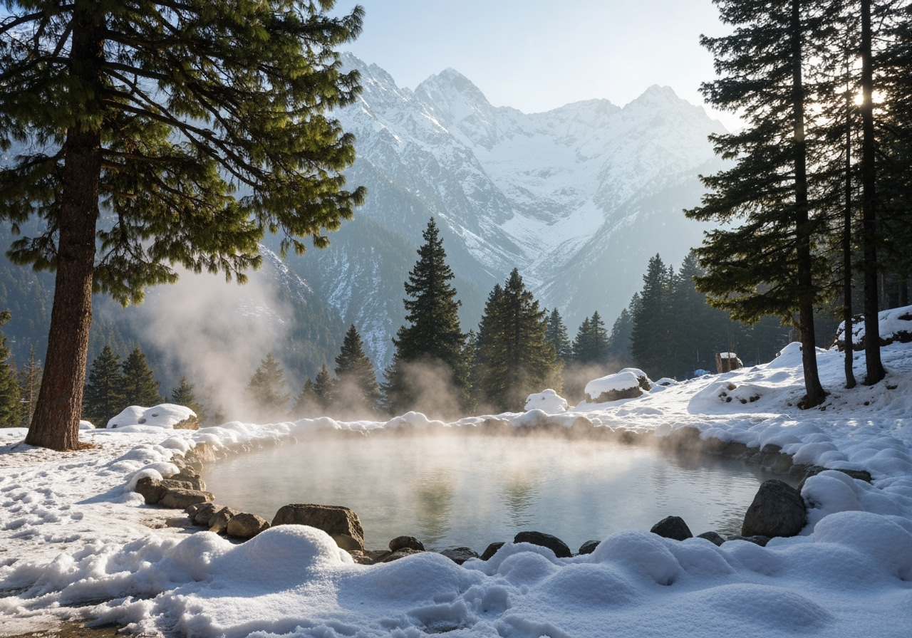 People enjoying natural hot springs in Kheerganga