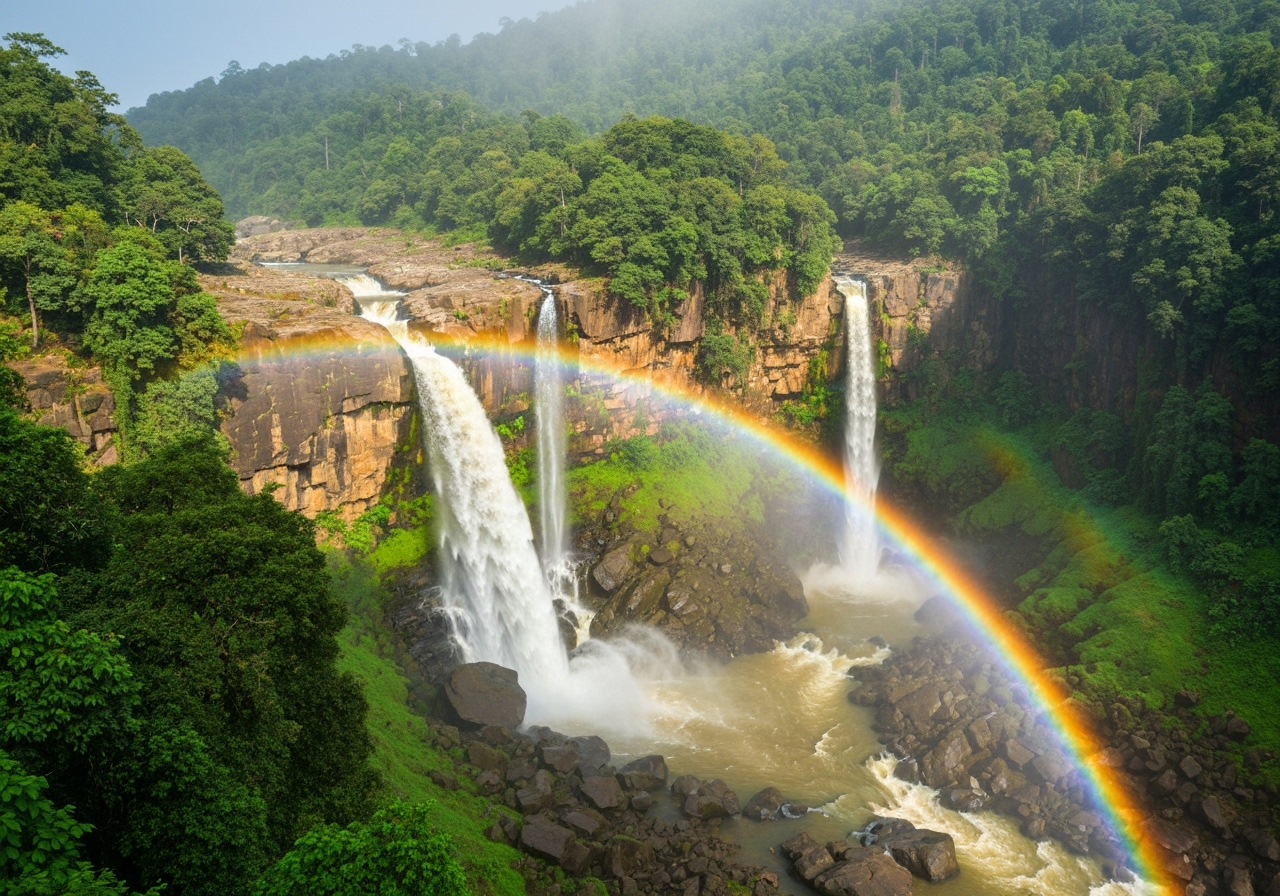 Waterfall with rainbow at Tiger Falls Chakrata