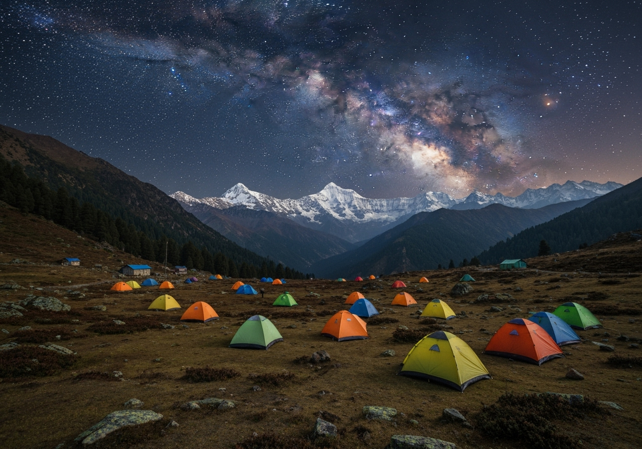 Colorful camping tents under starry sky in Chopta