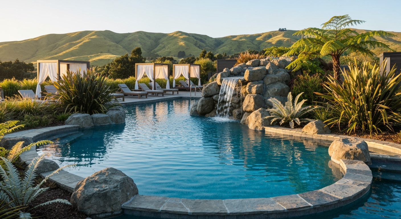 High-end New Zealand commercial facility featuring luxury pool amenities and sophisticated architecture