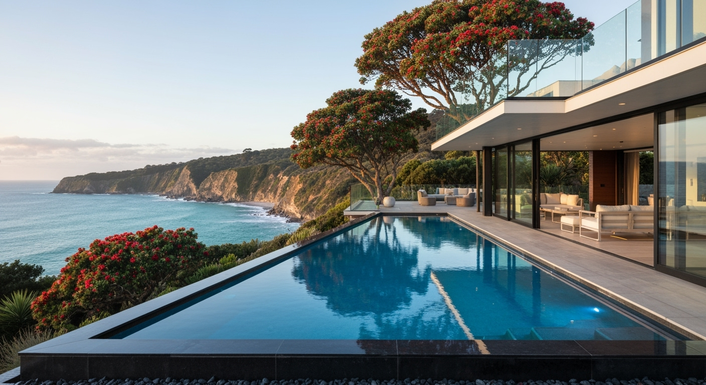 Breathtaking infinity pool overlooking stunning New Zealand harbour views with premium glass tile finishes