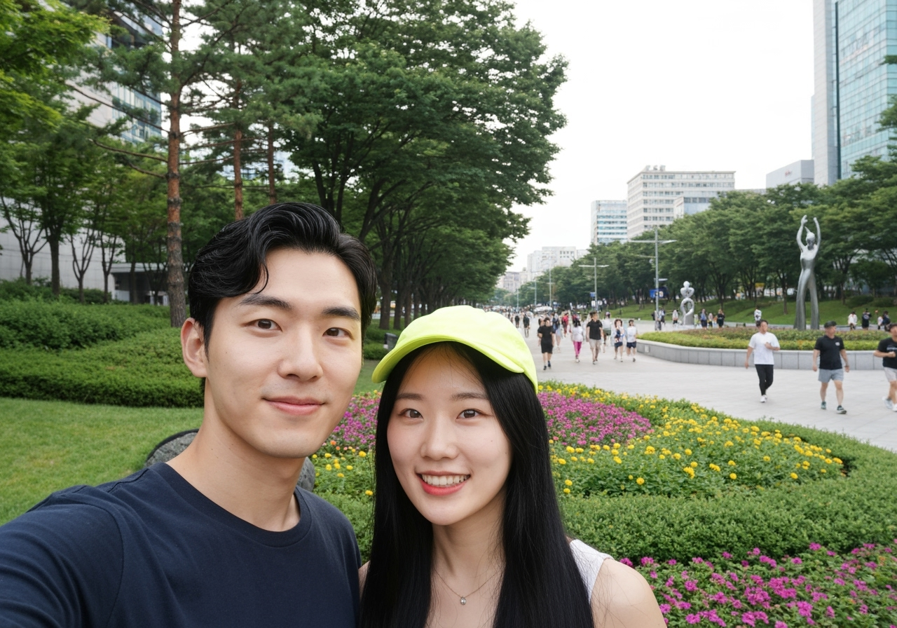 전망 포인트에서 셀피를 찍는 여행자들