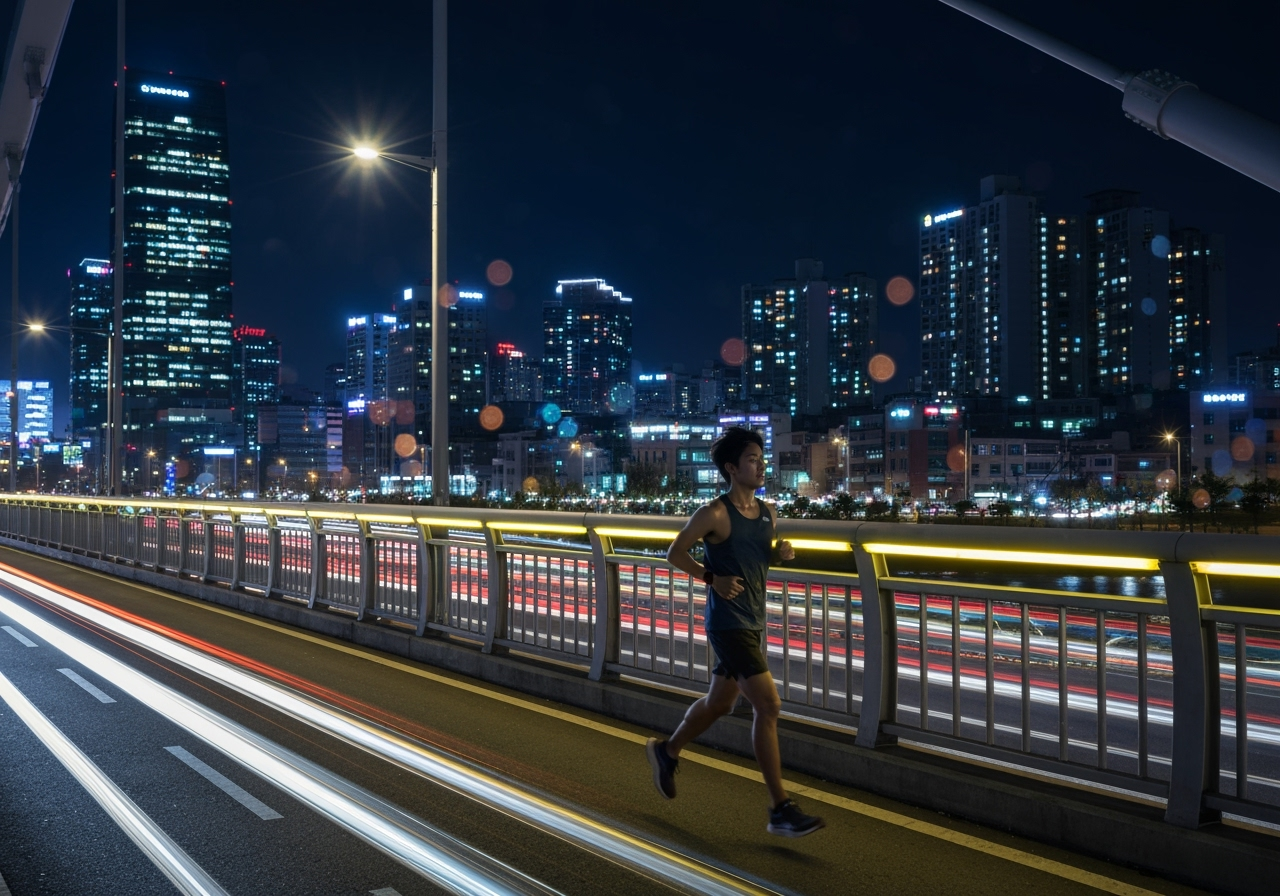 저녁 도시 보행교를 건너는 조깅