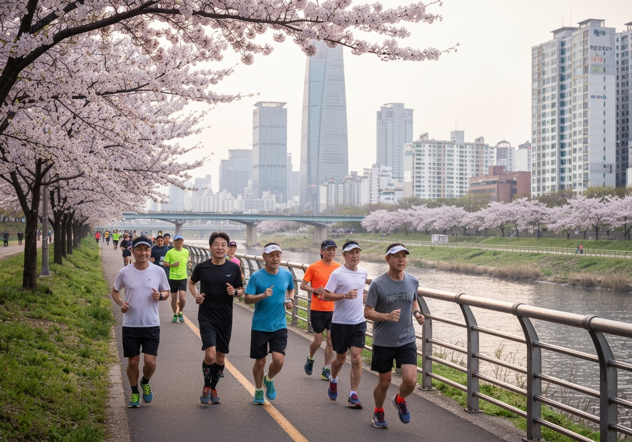 도심 강변을 달리는 러너들