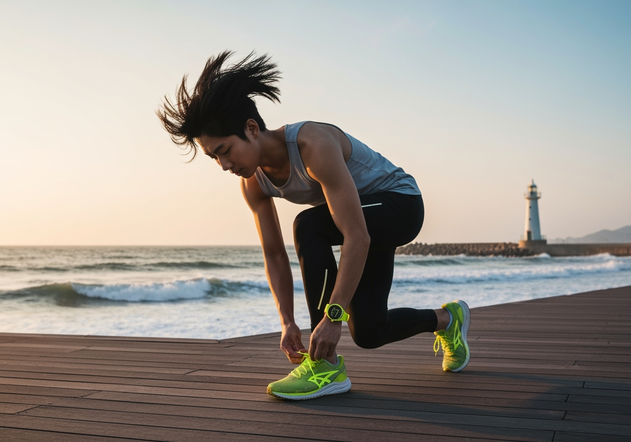 해안 산책로에서 신발끈을 묶는 러너