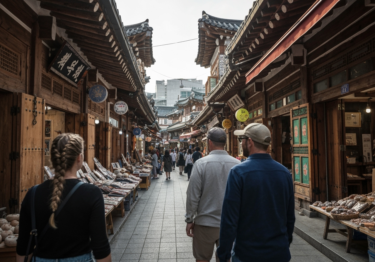 전통 한옥 골목을 탐방하는 관광객들
