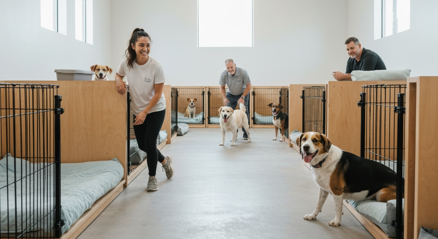 Happy dogs in premium boarding enjoying facilities